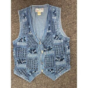 Vintage New Directions Denim Vest Womens S Embroidered Cutout 90s Boho Tie Back